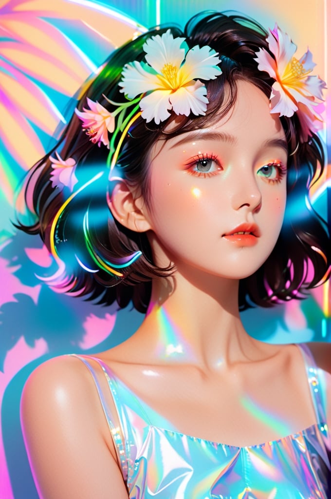 portrait, 1 girl, solo, short wavy hair, flowing neon, colored holographic floral background, holographic, iridescent, vaporwave, fluid, flowers, lying from the front point pose, high fashion, realistic,Flat vector art,xxmix_girl