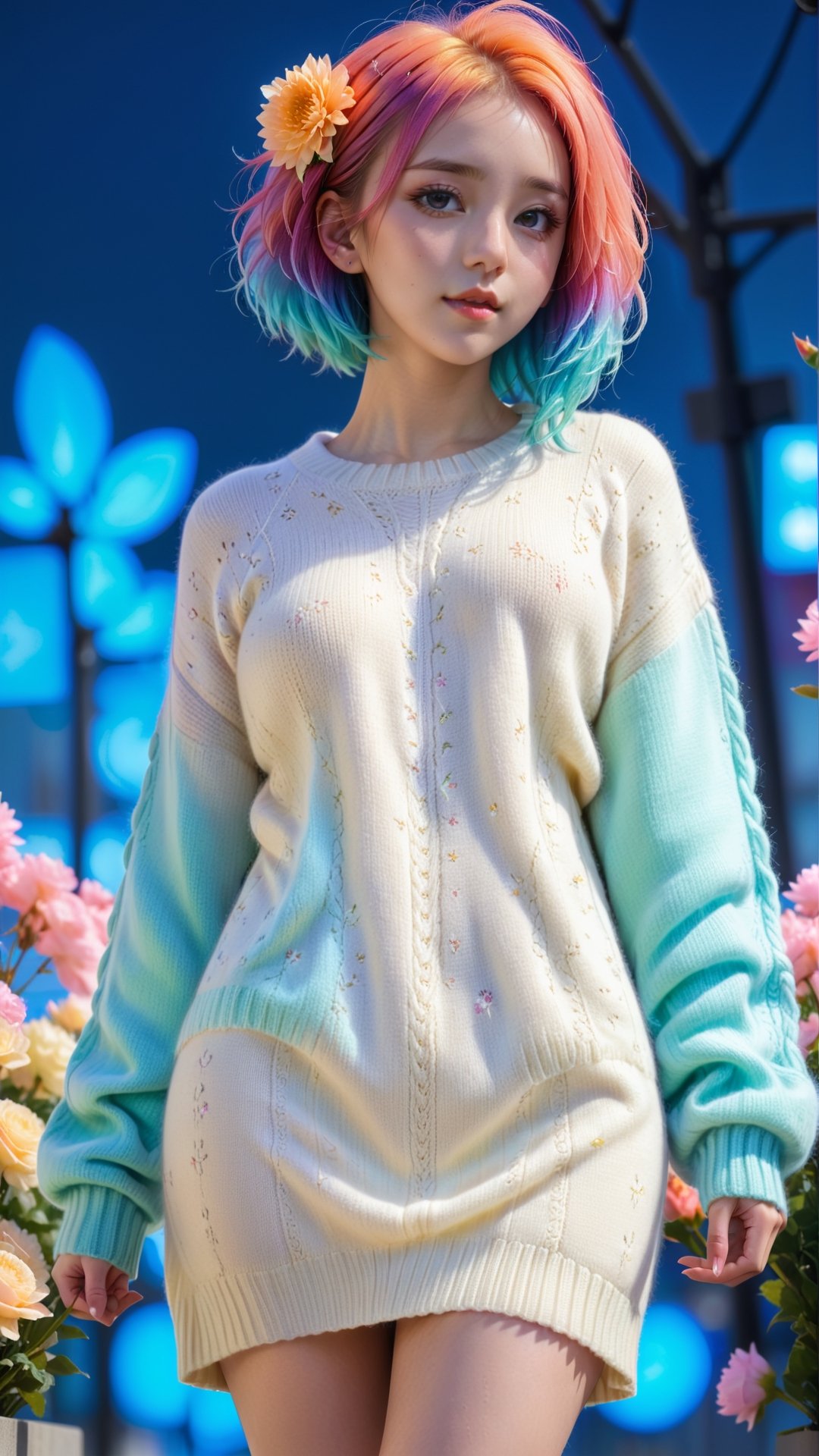 illustrator, anime , full body, realistic , sketch , 1girl, ,lip, Sweater,order, Blue gradient background, Neon hair,Textured crop, Canadian, (masterpiece,best quality) wearing wooly long dress and coat,  full body, flowers bloom and lighting bokeh as background,xxmix_girl