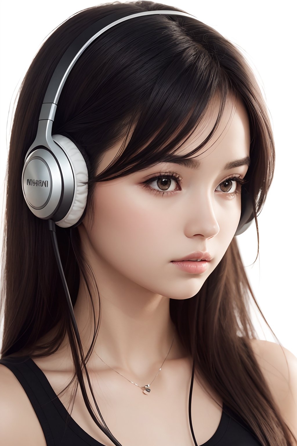 1girl,flowers,(black reed:1.1),forest,solo,long hair,(realistic:1.1),headphones(black headphones),white background,brown hair,simple background,black headphones around neck,lips,parted lips,looking to the side,upper body,forehead,looking away,black hair,bare shoulders,signature,brown eyes,tank top,black eyes,
