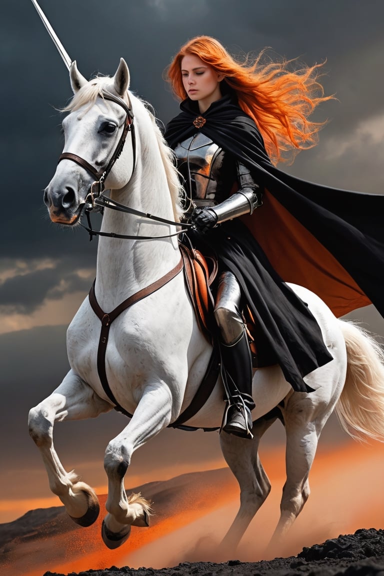 1 beautiful woman,  faded elegance, mournful atmosphere,  beauty, melancholy aura, hauntingly captivating, stark contrast, delicate decay, line art, backlighting, wind, backlighting, Stardust,(Wind:1.2) , black cloak, sword knight riding a white horse, Orange Blood
,Contained Color,anica_teddy,photo r3al