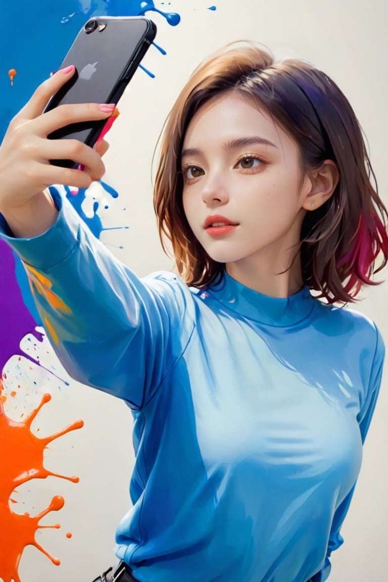 young girl, adolescent, energetic, joyous, selfie, taking selfie, phone camera app, outline, angle downwards, v shape hand pose, cute, adorable, sexy, suggestive outfit, paint splash background, vibrant paint, high contrast, abstract, volumetric light, high quality, detailed, masterpiece,xxmix_girl