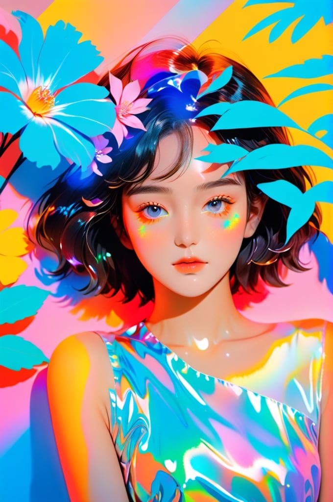 portrait, 1 girl, solo, short wavy hair, flowing neon, colored holographic floral background, holographic, iridescent, vaporwave, fluid, flowers, lying from the front point pose, high fashion, realistic,Flat vector art,xxmix_girl