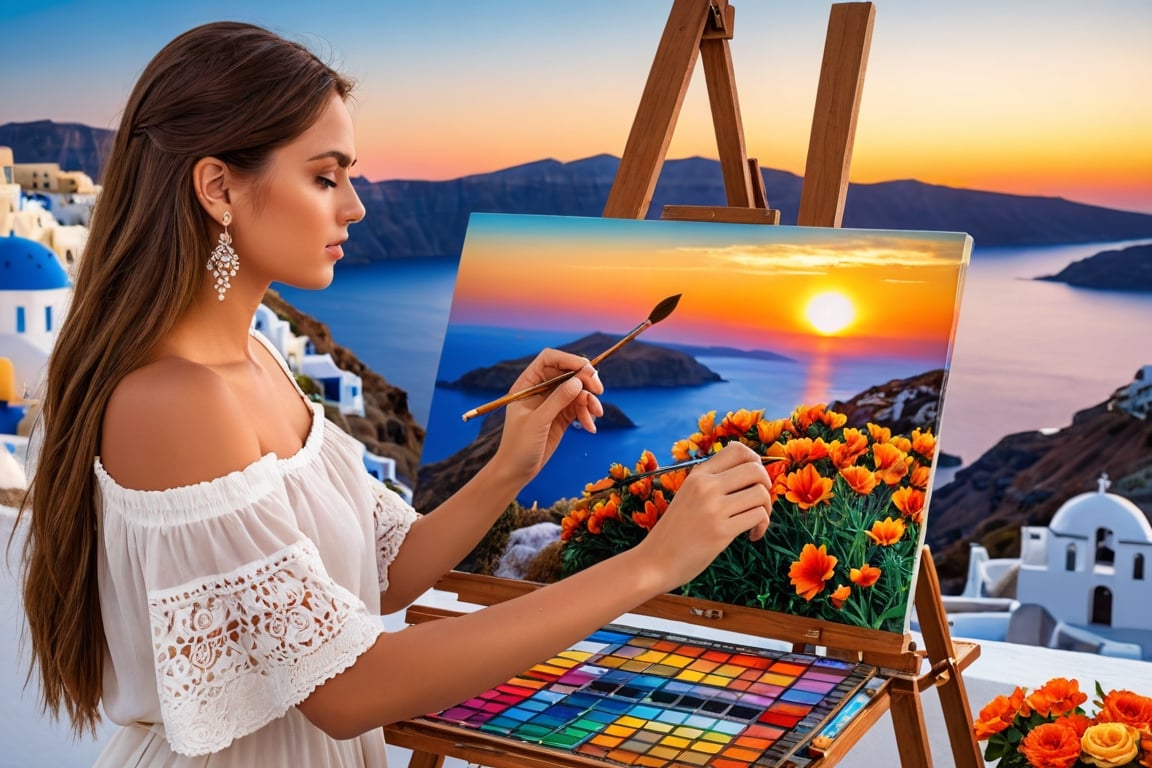 A beautiful 23-year-old woman is painting a sunset in Santorini on canvas.
Easel, canvas, brush, palette
((ultra realistic:1.5)), very hyper detailed, (masterpiece,  top quality,  best quality,  official art,  beautiful and aesthetic:1.2),  extremely detailed, (fractal art:1.1), (colorful:1.1)(flowers:1.3), highest detailed, (zentangle:1.2),  (dynamic pose),  (abstract background:1.3),  (many colors:1.4),  , (earrings),  (feathers:1.5).,  (masterpiece, best quality:1.5), photo-like,photo r3al