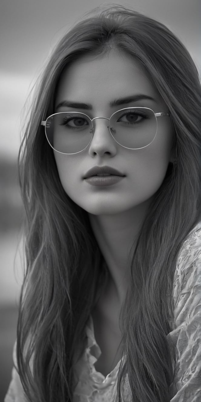 photorealistic), masterpiece:1.5, best quality, realistic, real image, intricate details, perfect focus, perfect face, extremely beauyiful girl, Photograph, masterwork, meticulous nuances, supreme resolution, 32K, ultra-defined, Intricate Detail, Masculine,  black and white photo.long hair,sky blue sunglasses glasses,sky blue sunglasses,
Imagina 1 beautiful woman, 20 yo, create a hyper realistic image of sitting in the dark room, pessimistic view, depressed mood, lost in tough, black and white photo, high detailed, sharp focus, Extremely Realistic,FilmGirl,bright clothes,Real,Black&White,SDXL,Realistic