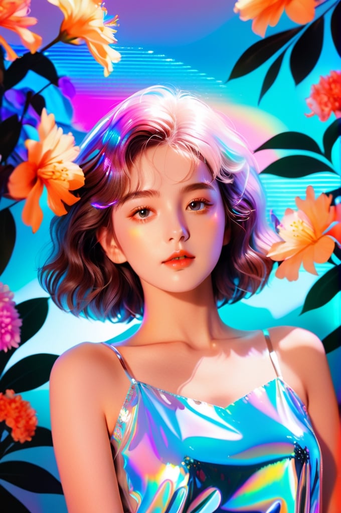 portrait, 1 girl, solo, short wavy hair, flowing neon, colored holographic floral background, holographic, iridescent, vaporwave, fluid, flowers, lying from the front point pose, high fashion, realistic,Flat vector art,xxmix_girl