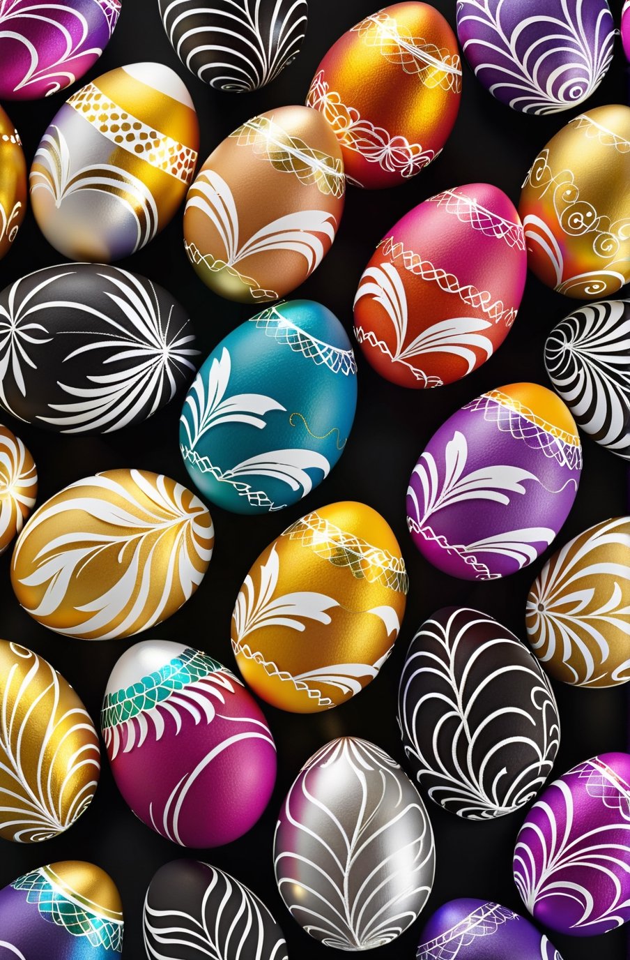 Easter eggs designed with honeysuckle and swirl patterns in a harmonious mix of rainbow colors,
Gold and silver threads are bundled together and wrapped from the bottom of the egg, as if protecting it, along with many white feathers.
The egg shines even brighter due to the intense lighting that illuminates the egg on a dark black and golden background.

Ultra-clear, Ultra-detailed, ultra-realistic, ultra-close up