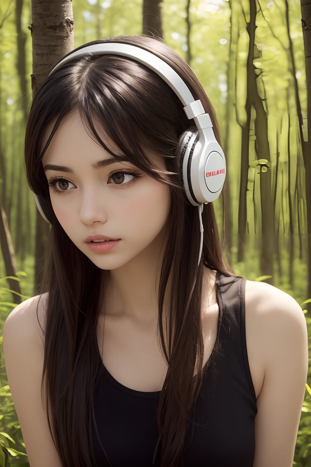 1girl,flowers,(red reed:1.1),forest,solo,long hair,(realistic:1.1), headphones(red headphones),white background,brown hair,simple background,red headphones around neck,lips,parted lips,looking to the side,upper body,forehead,looking away,black hair,bare shoulders,signature,brown eyes,tank top,black eyes,
