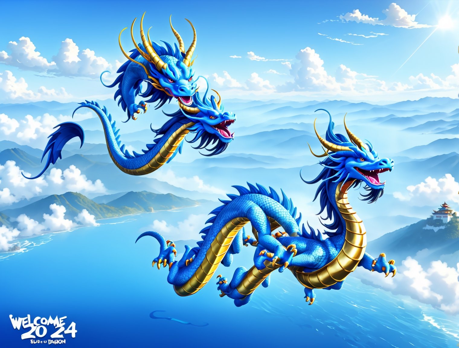 ((1 Asian blue dragon1.8)), asian blue dragon flying in the sky flying in the sky,Asian blue dragon flying across the vast ocean horizon, epic daylight, solo, dynamic angle,aw0k euphoric style,normal blue dragon head,Text((“Welcome 2024” is written in gold at the top left of the screen 1.5)).((There is only one blue dragon head1.8)),Text
