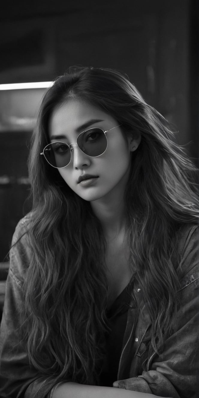 photorealistic), masterpiece:1.5, best quality, realistic, real image, intricate details, perfect focus, perfect face, extremely beauyiful girl, Photograph, masterwork, meticulous nuances, supreme resolution, 32K, ultra-defined, Intricate Detail, Masculine,  black and white photo.long hair,green sunglasses glasses,
Imagina 1 korean woman, 20 yo, create a hyper realistic image of ssitting in the dark room, pessimistic view, depressed mood, lost in tough, black and white photo, high detailed, sharp focus, Extremely Realistic,FilmGirl,bright clothes,Real,Black&White,SDXL,Realistic