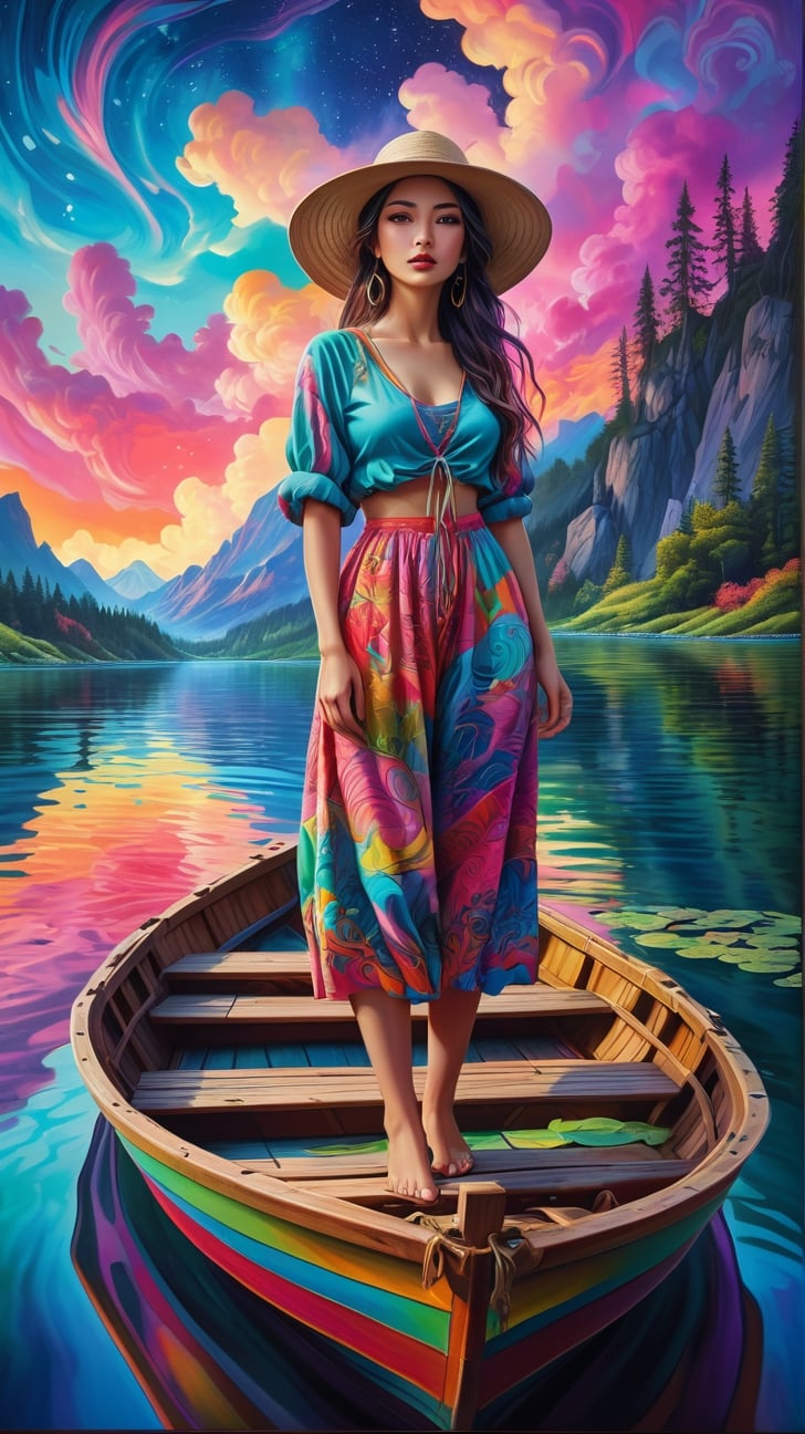 vibrant neo-traditional, a painting of a woman standing in a boat on a lake, (psychedelic art), highly detailed 4k painting, campy and colorful, fisherman, under a technicolor sky,xxmix_girl,kimtaeri-xl,FilmGirl,LinkGirl,aw0k euphoric style