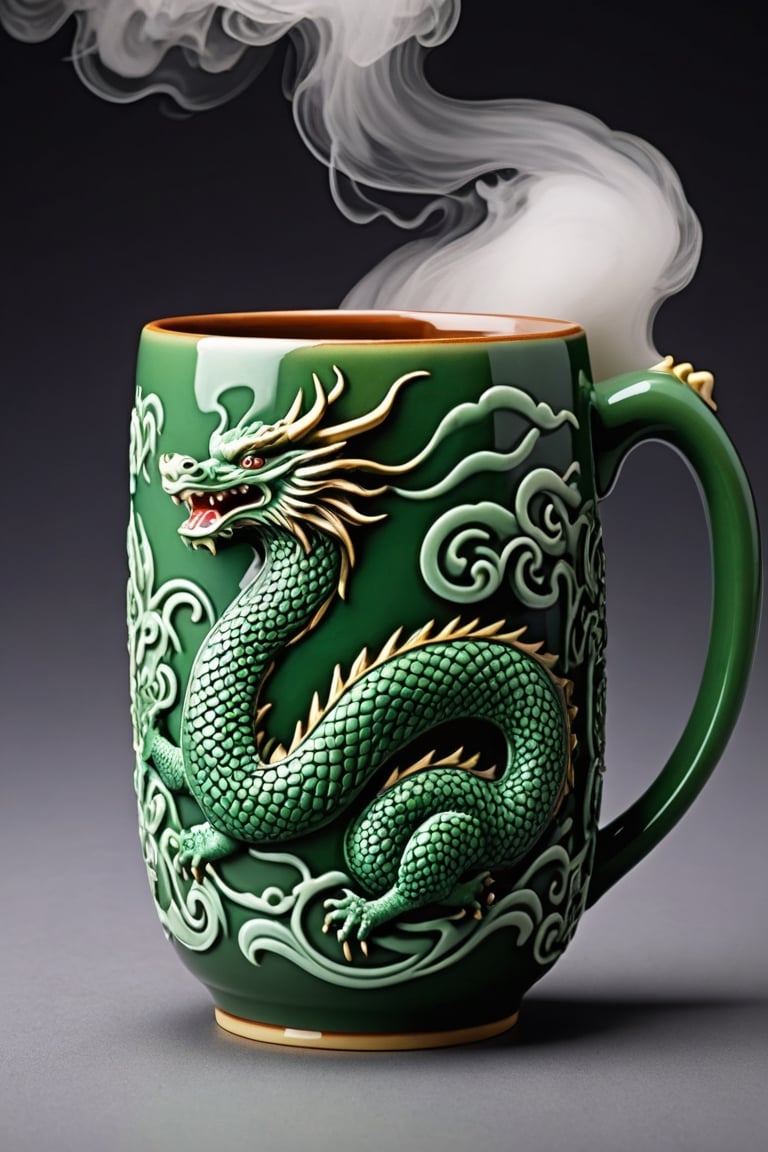 The struggling image of an oriental dragon engraved on the outside of a mug made with celadon inlay technique looks real. The oriental dragon shrouded in clouds is elaborately carved in relief, giving it a realistic feel as if it will jump out at any moment, and the mystical jade color shines brightly, as if it were the color of the heavenly world. The handle of the cup is made of the wriggling body of a dragon, with no carvings other than the sides of the cup.

The long, thin body of the dragon, along with the cloud pattern 
Shows the overall appearance of pottery,

close-up photography, Ultra-detailed, ultra-realistic, full body shot, Distant view