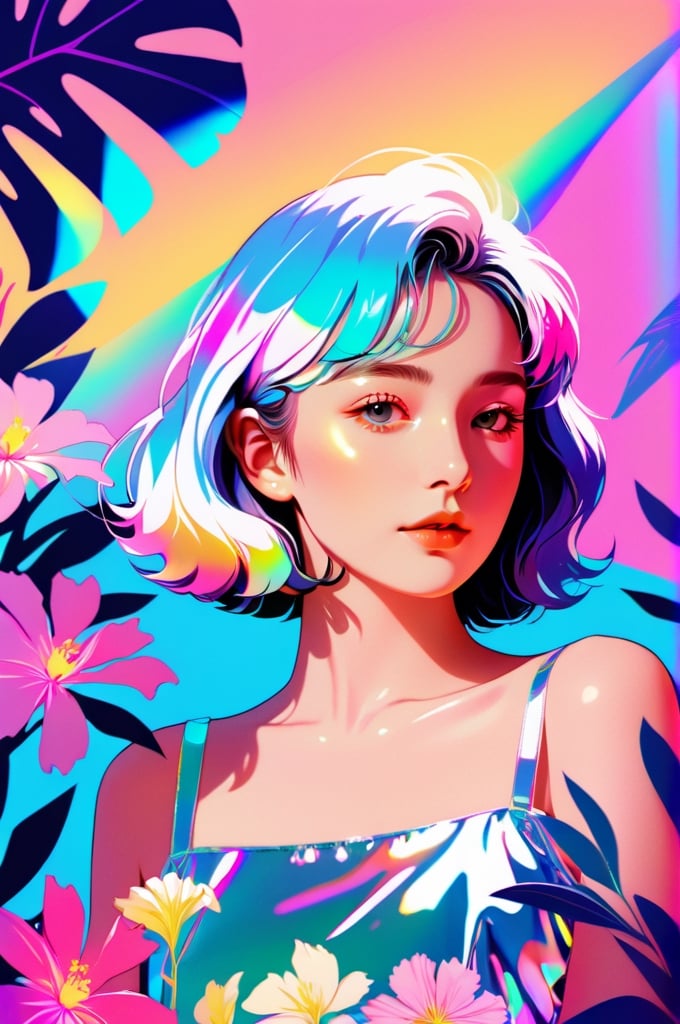 portrait, 1 girl, solo, short wavy hair, flowing neon, colored holographic floral background, holographic, iridescent, vaporwave, fluid, flowers, lying from the front point pose, high fashion, realistic,Flat vector art,xxmix_girl