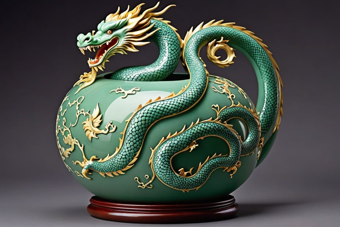 The image of an oriental dragon struggling appears engraved on the outside of a gourd made with celadon inlay technique. The oriental dragon wrapped in clouds is carved with elaborate inlay techniques, giving it a realistic feel as if it will jump out at any moment, and the mystical jade color shines brightly as if it were the color of the heavenly world.

The celadon inlaid cloud-dragon gourd is engraved with clouds and an oriental dragon, has no carvings on the top of the spout, and the edges are finished in gold.
It shows the overall appearance of the pottery.



close-up photography, Ultra-detailed, ultra-realistic, full body shot, Distant view