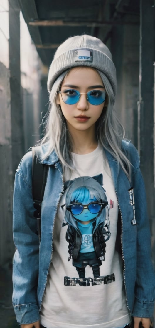 Cute female  cyberpunk hacker with blue colored glasses, in a jacket with a Beanie long grey hair half teeshirt ripped jeanscyberpunk 2077 poster art