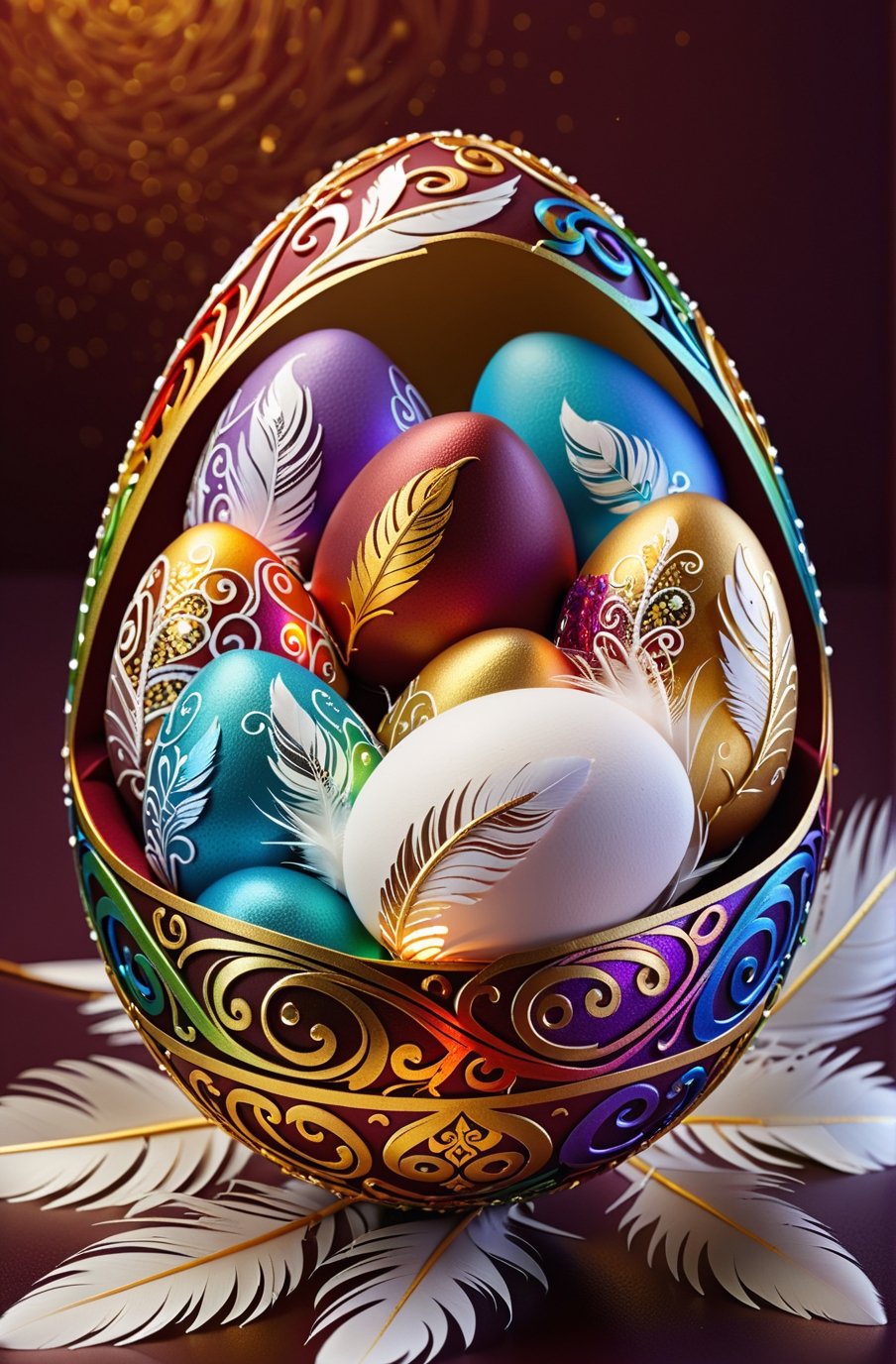 Easter eggs designed with arabesques and swirls using a harmonious mix of rainbow colors.
A pile of tiny golden twigs and many white feathers cover the egg from the bottom as if protecting it.
The egg shines even brighter due to the intense lighting that illuminates the egg on a dark red and golden background.

Ultra-clear, Ultra-detailed, ultra-realistic, ultra-close up