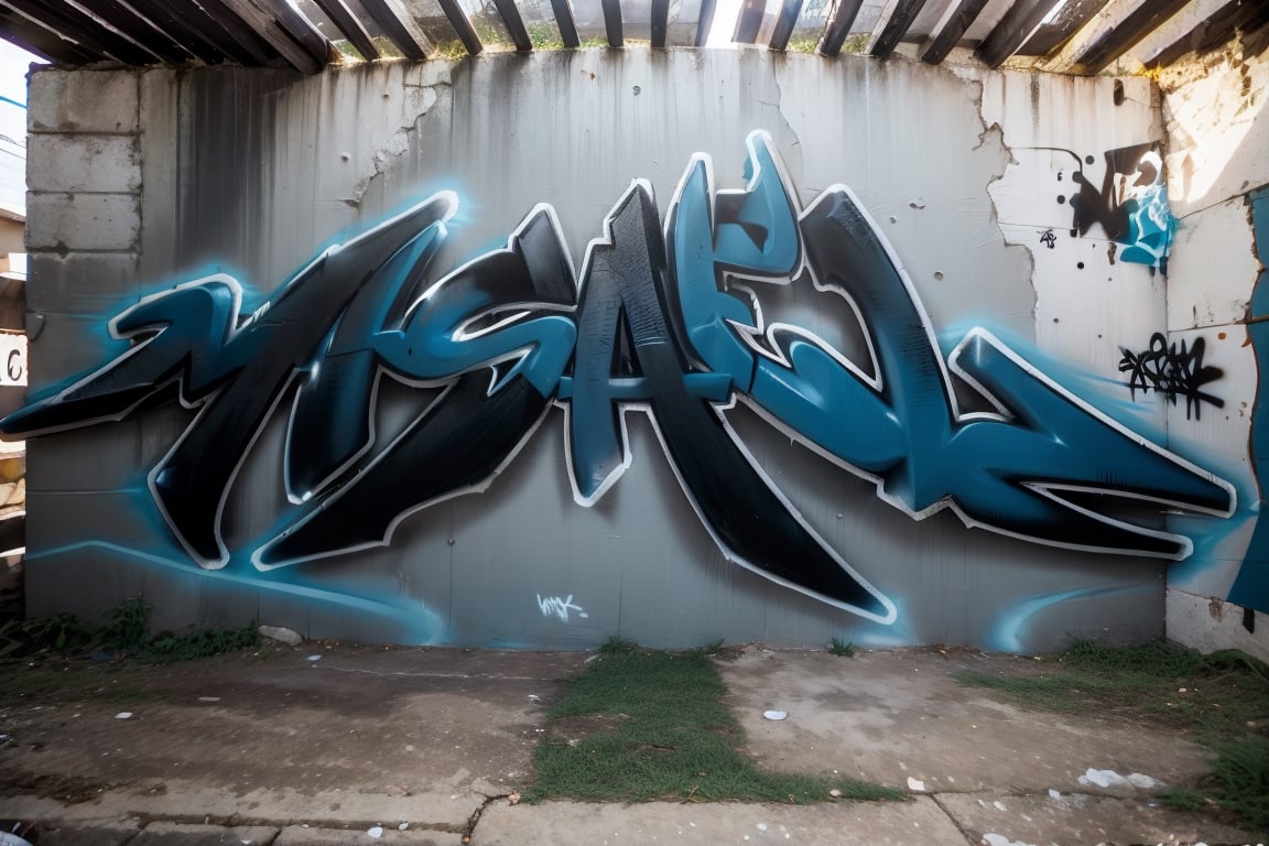  "Graffiti 3D wildstyle, letras JAHZ entrelazadas y estiradas, colores gris, azul cobalto, blanco y negro, fondo bagon de ten abandonado, efecto 3D exagerado, perspectiva, salpicaduras de pintura, goteos de pintura, adornado con flechas al inicio y final",graffiti 3d,pieza