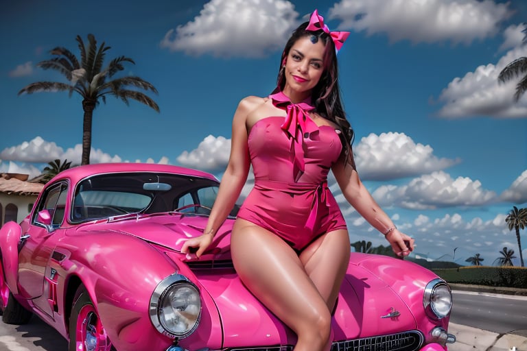 A dynamic portrait of a vivacious Chicana woman, radiant with a bright pink smile and matching hair bow, set amidst the sun-kissed backdrop of palm trees and a brilliant blue sky. A hot-pink classic car, sleek and stylized, serves as her trusted prop. Warm light illuminates her features, exaggerating her curves and vintage charm. In this vibrant fusion of retro and modern, 3D graffiti artistry meets Chicano culture's bold expressions of identity, screaming Vato Loco with unapologetic pride.,ChicanoLife,Graffiti 3D,vato loco,best quality, 4k, 8k, ultra highres, raw photo in hdr, sharp focus, intricate texture, skin imperfections