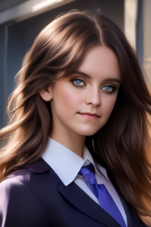 In a hyper real, 8K portrait, an 25-year-old , her purple eyes shining bright amidst a backdrop of dark, flowing hair that cascades down to her waist. Her long, thick eyelashes frame her gaze, which meets the camera's directly, jucy lips slightly parted in a subtle smile.school girl uniform, that accentuates her well-proportioned figure, fashionably styled with bangs framing her face, highlighting the delicate strands of hair that flutter gently in the air,Krisslove,1girl