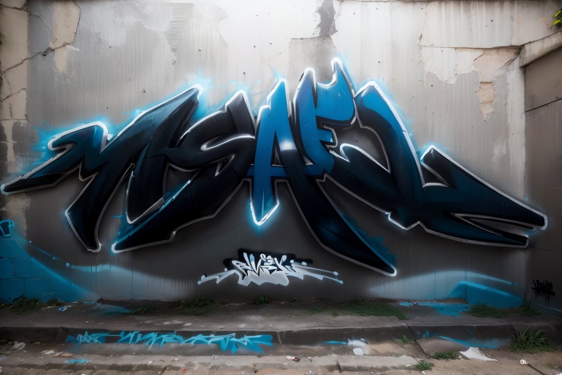  "Graffiti 3D wildstyle, letras JAHZ entrelazadas y estiradas, colores gris, azul cobalto, blanco y negro, fondo bagon de ten abandonado, efecto 3D exagerado, perspectiva"