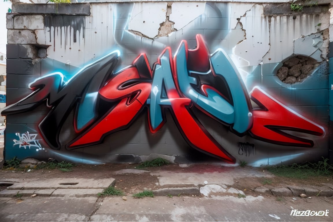 "A hyper-realistic 3D graffiti mural on a cracked concrete wall. The word JAHZ in 3D gothic letters with deep shadows and perspective, as if they were sculpted into the wall. Vibrant colors of red and black, contrasting with the gray surroundings. Graffiti effect natural light coming from above, creating shadows and enhancing the depth of the letters. Urban style, dark and mysterious atmosphere.",graffiti 3d,Graffiti 3D,pieza