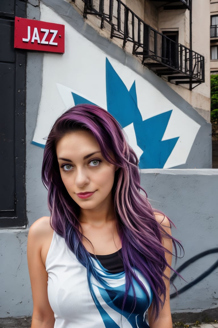 A medium-angle shot frames a woman's face as she stands before a vibrant graffiti wall. Her purple-red-yellow hair cascades down her shoulders, contrasting with the blue-yellow hues of the star-shaped design. The woman's head tilts slightly left, eyes squinted and lips pursed, as if scrutinizing the scene. A gray concrete wall with a white star-like design lies to her right. Above, a red sign reads "JAHZ" in white letters. In the top-right corner, a white building with black balconies rises into the frame.