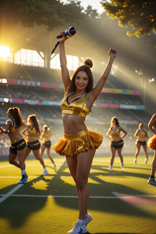 A spirited cheerleader stands confidently on a sun-kissed sports field, her bright uniform and pom-poms gleaming under warm golden lighting. One arm raised in enthusiasm, the other holding a megaphone, she exudes sexy confidence. The blurred crowd of athletes in motion creates a dynamic background, with scattered equipment adding to the energy. Graffiti 3D textures add an edgy touch, while bonita and hermosa hues infuse the image with vibrant beauty.,Sophie-SD1.5