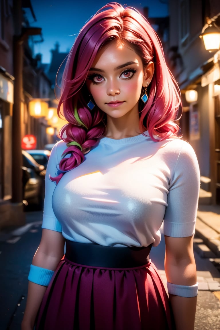 (best quality,4k,8k,highres,masterpiece:1.2),ultra-detailed,(realistic,photorealistic,photo-realistic:1.37),portrait,beautiful detailed eyes,beautiful detailed lips,extremely detailed eyes and face,big bust, long eyelashes,long hair,detailed jewelry,vivid colors,smile,skirt,night,pink eyes,multicolor hair,twintails,earrings,short skirt,Krisslove-1,