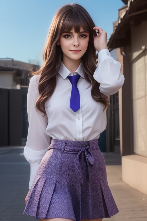 In a hyper real, 8K portrait, an 25-year-old , her purple eyes shining bright amidst a backdrop of dark, flowing hair that cascades down to her waist. Her long, thick eyelashes frame her gaze, which meets the camera's directly, jucy lips slightly parted in a subtle smile.school girl uniform, that accentuates her well-proportioned figure, fashionably styled with bangs framing her face, highlighting the delicate strands of hair that flutter gently in the air,Krisslove,1girl