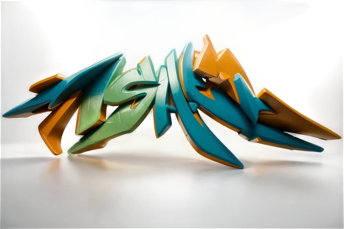 A dramatic scene unfolds: a worn-out warplane's fuselage serves as the canvas for a vibrant MISAEL graffiti masterpiece. The letters M-I-S-A-E-L twist and turn in perfect harmony, their verdant hues - olive, grassy, and military green - blending with cobalt blue, white, and black. The 3D effect is exaggerated, with bold lines and heavy shading creating a sense of depth. Perspectival lines radiate from the central axis, as splattered paint and drips add texture to the piece. Flanking the title are dynamic arrow-like flourishes at the beginning and end, completing this striking graffiti art piece.,pieza,graffiti 3d,Graffiti 3D