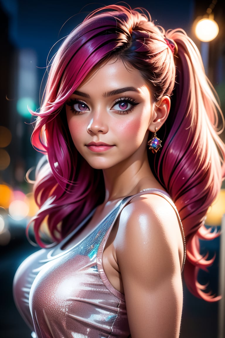 (best quality,4k,8k,highres,masterpiece:1.2),ultra-detailed,(realistic,photorealistic,photo-realistic:1.37),portrait,beautiful detailed eyes,beautiful detailed lips,extremely detailed eyes and face,big bust, long eyelashes,long hair,detailed jewelry,vivid colors,smile,skirt,night,pink eyes,multicolor hair,twintails,earrings,short skirt,Krisslove-1,