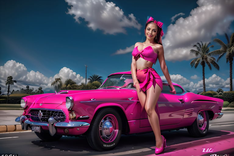 A dynamic portrait of a vivacious Chicana woman, radiant with a bright pink smile and matching hair bow, set amidst the sun-kissed backdrop of palm trees and a brilliant blue sky. A hot-pink classic car, sleek and stylized, serves as her trusted prop. Warm light illuminates her features, exaggerating her curves and vintage charm. In this vibrant fusion of retro and modern, 3D graffiti artistry meets Chicano culture's bold expressions of identity, screaming Vato Loco with unapologetic pride.,ChicanoLife,Graffiti 3D,vato loco,best quality, 4k, 8k, ultra highres, raw photo in hdr, sharp focus, intricate texture, skin imperfections,Sophie-SD1.5, hermosa, mujer, bonita