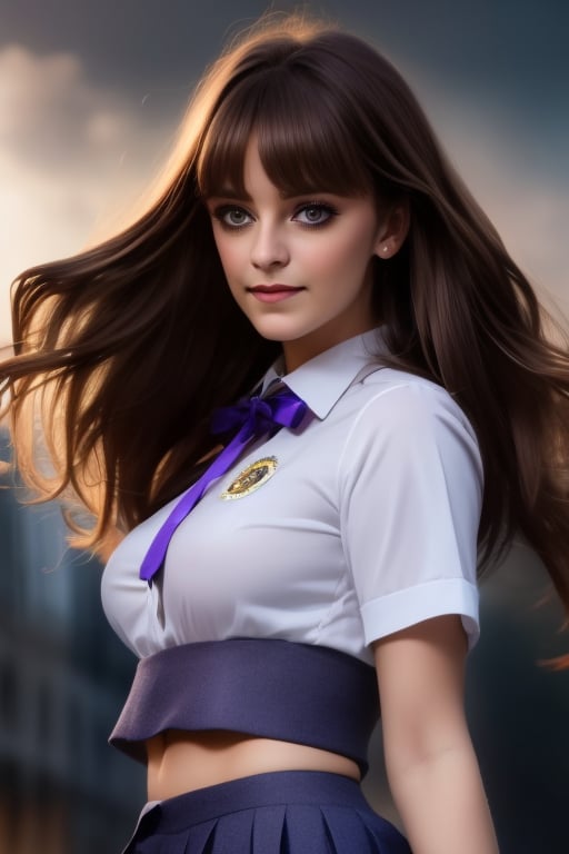 In a hyper real, 8K portrait, an 25-year-old , her purple eyes shining bright amidst a backdrop of dark, flowing hair that cascades down to her waist. Her long, thick eyelashes frame her gaze, which meets the camera's directly, jucy lips slightly parted in a subtle smile.school girl uniform, that accentuates her well-proportioned figure, fashionably styled with bangs framing her face, highlighting the delicate strands of hair that flutter gently in the air,Krisslove,1girl