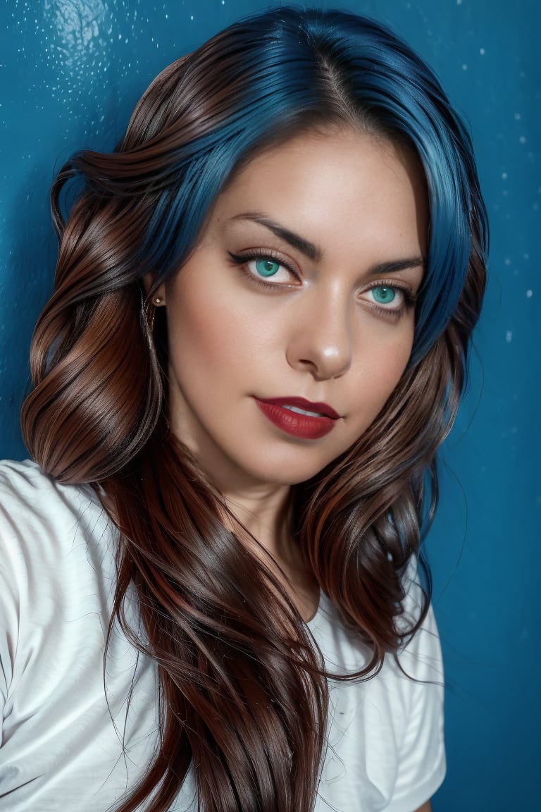 In this intimate close-up shot, a woman's face radiates against a striking backdrop of contrasting blues and whites. Her piercing blue eyes, framed by darker blue brows, seem to bore into the camera lens. Vibrant brown hair cascades down her shoulders, enveloping her face in a rich, earthy tone. A deep red lip color adds a bold pop against her porcelain complexion. The white t-shirt she wears serves as a subtle contrast to the cool tones of her skin and hair. White dots scattered across her face create depth and texture, drawing the viewer's eye into this captivating portrait.