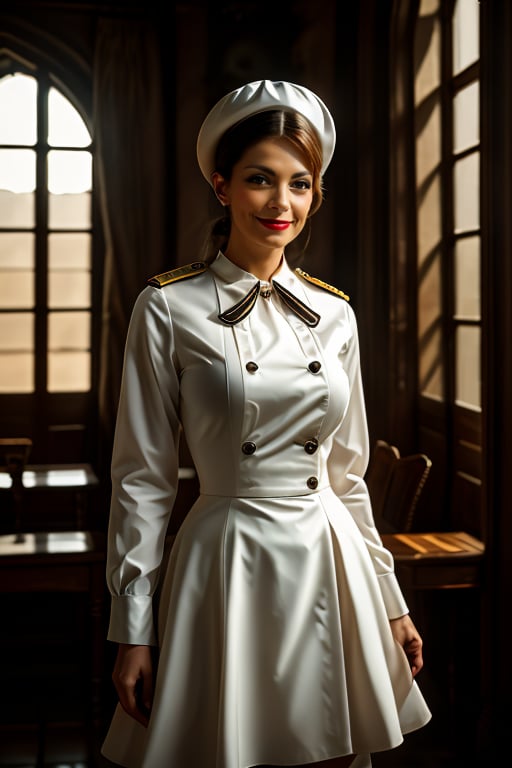 A majestic portrait of Sophie, a stunningly beautiful woman in a military-style uniform, adorned with a crisp white cap, exuding authority and elegance. Soft, dramatic lighting accentuates her features as she stands confidently, surrounded by the rich atmosphere of a historical room. The window's arches and ornate interior design evoke a sense of tradition and heritage. The focus is solely on Sophie, showcasing her striking appearance and attire within the frame.