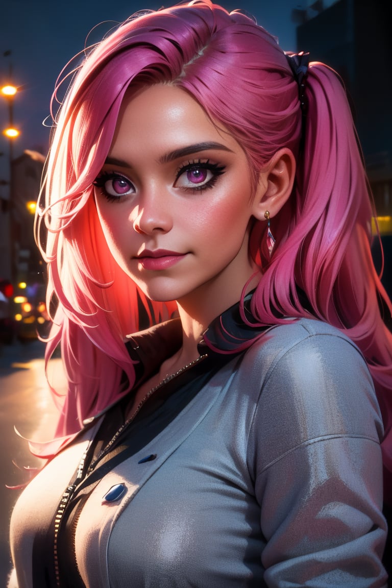 (best quality,4k,8k,highres,masterpiece:1.2),ultra-detailed,(realistic,photorealistic,photo-realistic:1.37),portrait,beautiful detailed eyes,beautiful detailed lips,extremely detailed eyes and face,longeyelashes,long hair,detailed jewelry,vivid colors,smile,skirt,night,pink eyes,multicolor hair,twintails,earrings,short skirt,