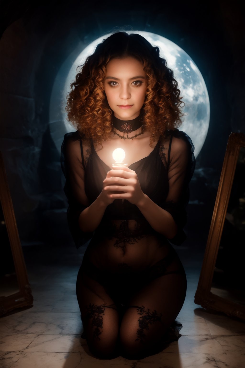 In a dimly lit underground lair, a mysterious dark fairy woman sits atop a pedestal of polished marble, surrounded by an otherworldly atmosphere. Her natural face glows with an ethereal light, as if the fairy light ball hovering above her mirrors the beauty of her features. Delicate neon lights dance across the walls, casting a kaleidoscope of colors upon her wild, curly hair and intricately designed tattoos that seem to pulse with a life of their own. Her eyes, like two shining stars, appear to drip with an essence of wonder, as if drinking in the beauty of the surroundings. The dark victorian-inspired clothing drapes around her lithe figure, accentuating her realistic proportions and complementing the abstract shapes that swirl around her. As the light from the fairy ball catches the mirror tiles, a mesmerizing display of reflections and raytracing effects unfolds, as if the very environment itself has come alive to pay homage to this 32k-resolution masterpiece.,Krisslove,Masterpiece,1girl