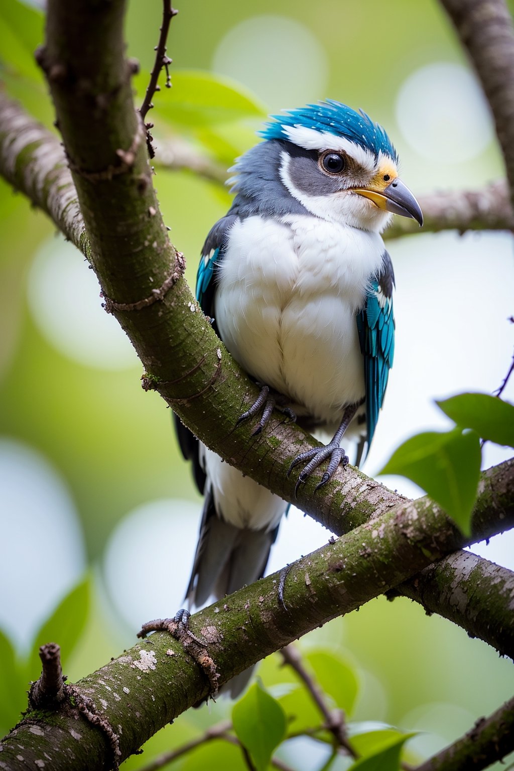 An adorable little bird is perched on a branch, showcasing the best quality, photo-realistic, ultra-detailed 4K effect. The bird's feathers are vibrant in color, and it has a cute expression. Water droplets hang on the nearby leaves.
