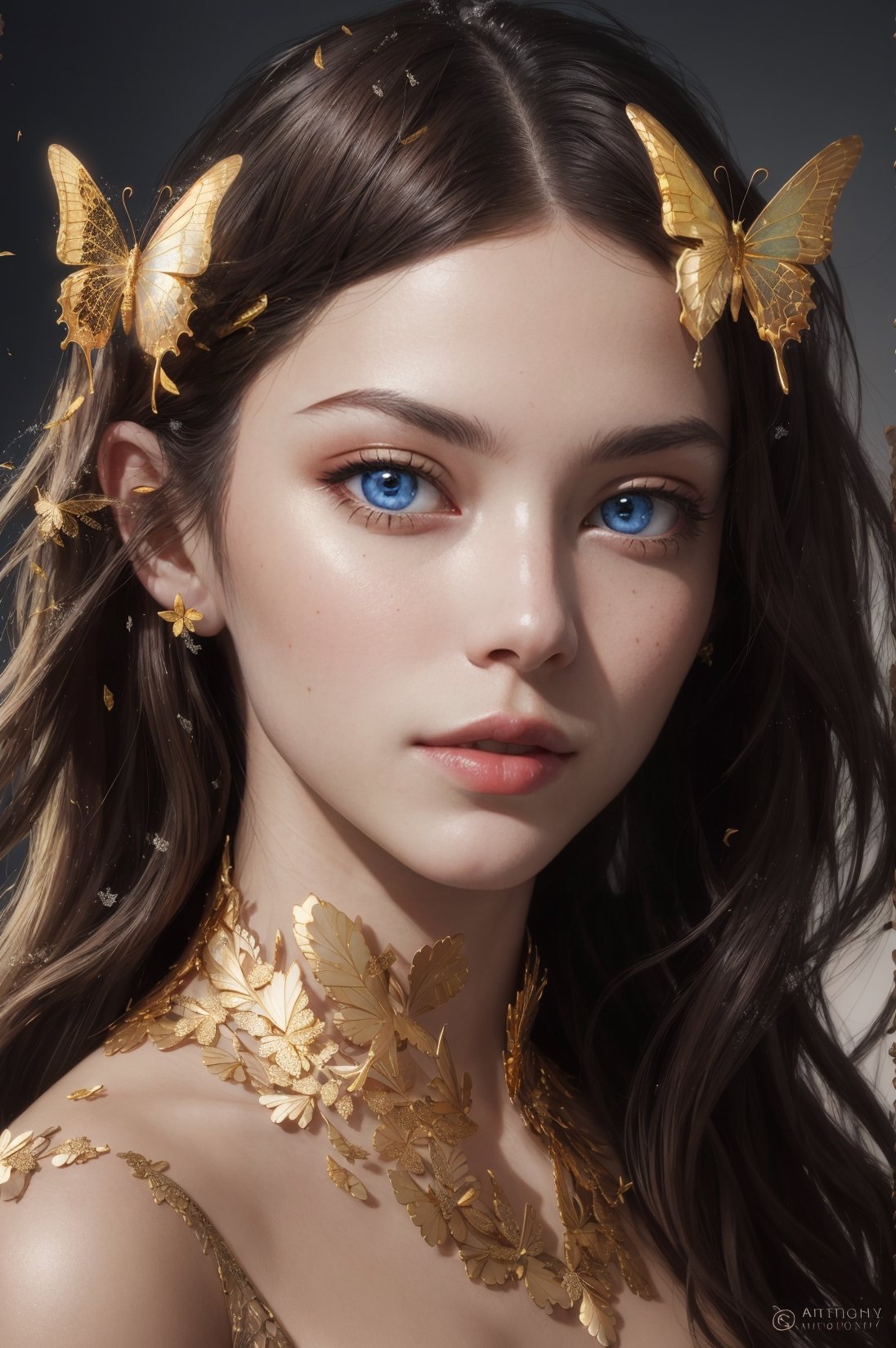 8k portrait of beautiful cyborg with brown hair, intricate, elegant, highly detailed, majestic, digital photography, art by artgerm and ruan jia and greg rutkowski surreal painting gold butterfly filigree, broken glass, (masterpiece, sidelighting, finely detailed beautiful eyes: 1.2), hdr, (detailed background window to a new dimension, plants and flowers:0.7)  infinity, infinite symbol,