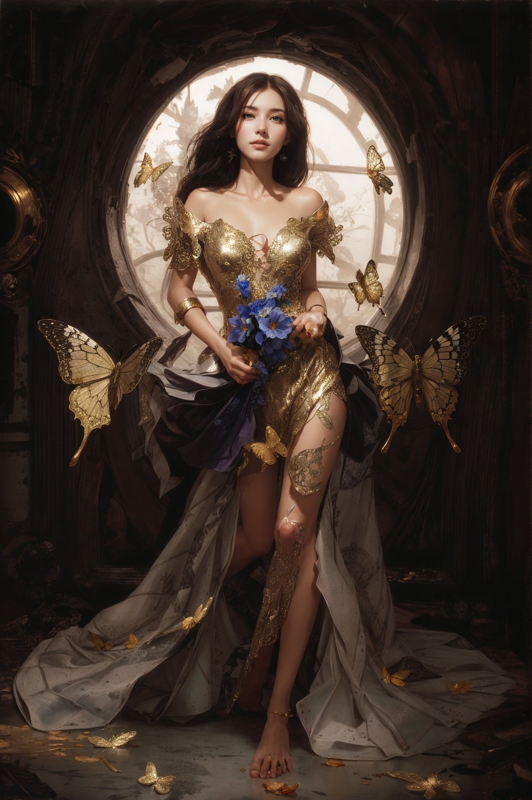 8k portrait of beautiful cyborg with brown hair, intricate, elegant, highly detailed, majestic, digital photography, art by artgerm and ruan jia and greg rutkowski surreal painting gold butterfly filigree, broken glass, (masterpiece, sidelighting, finely detailed beautiful eyes: 1.2), hdr, (detailed background window to a new dimension, plants and flowers:0.7)  infinity, infinite symbol,