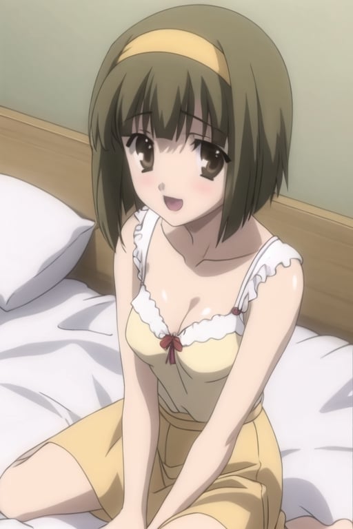  Simple backgrounds, bedroom, 
BREAK KazuhaNijouFutabaNijou, bangs, brown hair, brown eyes, small hair, 
BREAK  (yellow hairband), (green blouse), (neckline:1.2), (yellow skirt), (medium breast), 
BREAK looking_at_viewer, sitting in bed, :d,  mouth_open, schooldays,