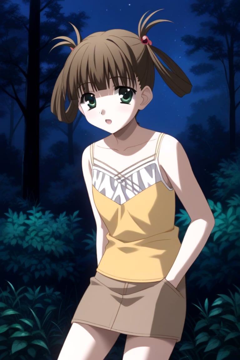 Highly detailed, High Quality, masterpiece, beautiful, 1girl, solo, (feminine focus, young woman, 16 years old), Hikari Kuroda, bangs, brown hair, hair ornament, twintails, green eyes, hair bobbles, hair rings, skirt, camisole, pencil skirt, forest, night, outdoors, looking_at_viewer, standing, upper_body