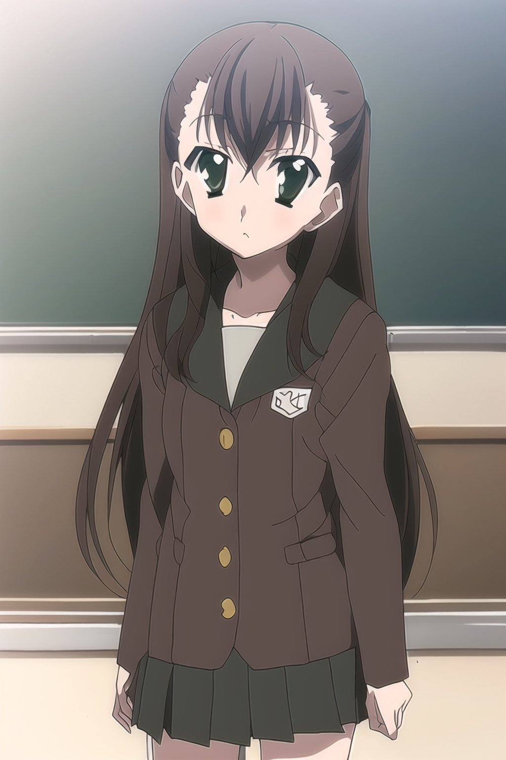 Kyoumi Kasannoin, school uniform, green eyes, brown hair, long hair, skirt, asymmetrical bangs, socks, pleated skirt, ,schooldays