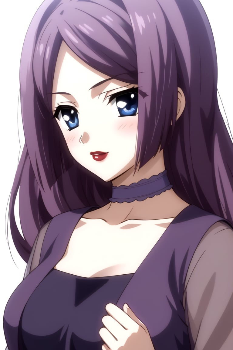 HD, 8k, highres, mantialiasing, Highly detailed, High Quality, masterpiece, beautiful, source_anime, 
BREAK 1girl, (solo:1.5), (mature woman), (30 old), Mrs Kitsuregawa, long hair, purple hair, blue eyes, 
BREAK choker, lipstick, gray sleeves, collarbone, dress, long sleeves, purple vest, belt, see-through, 
BREAK white background,
BREAK looking_back, standing, from front, full body, front view, 