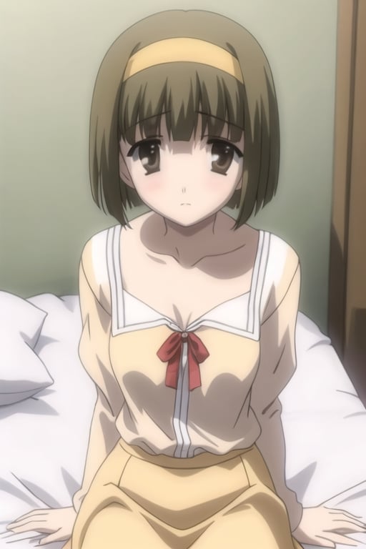  Simple backgrounds, bedroom, looking_at_viewer, sitting in bed,
BREAK KazuhaNijouFutabaNijou, bangs, brown hair, brown eyes, small hair,
BREAK  (yellow hairband), (green blouse), (neckline:1.2), (yellow skirt), (medium breast), schooldays, 