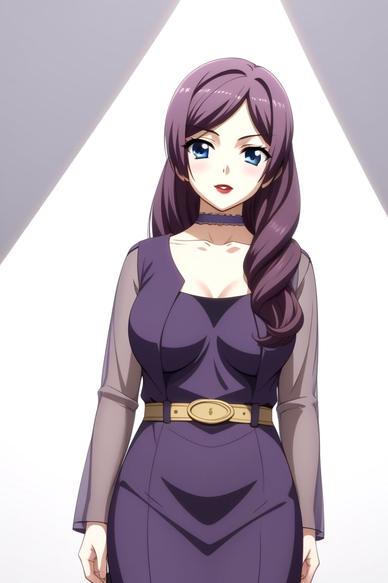 HD, 8k, highres, mantialiasing, Highly detailed, High Quality, masterpiece, beautiful, source_anime, 
BREAK 1girl, (solo:1.5), (mature woman), (30 old), Mrs Kitsuregawa, long hair, purple hair, blue eyes, 
BREAK choker, lipstick, gray sleeves, collarbone, dress, long sleeves, purple vest, belt, see-through, 
BREAK white background,
BREAK looking_back, standing, from front, full body, front view, Focus below,