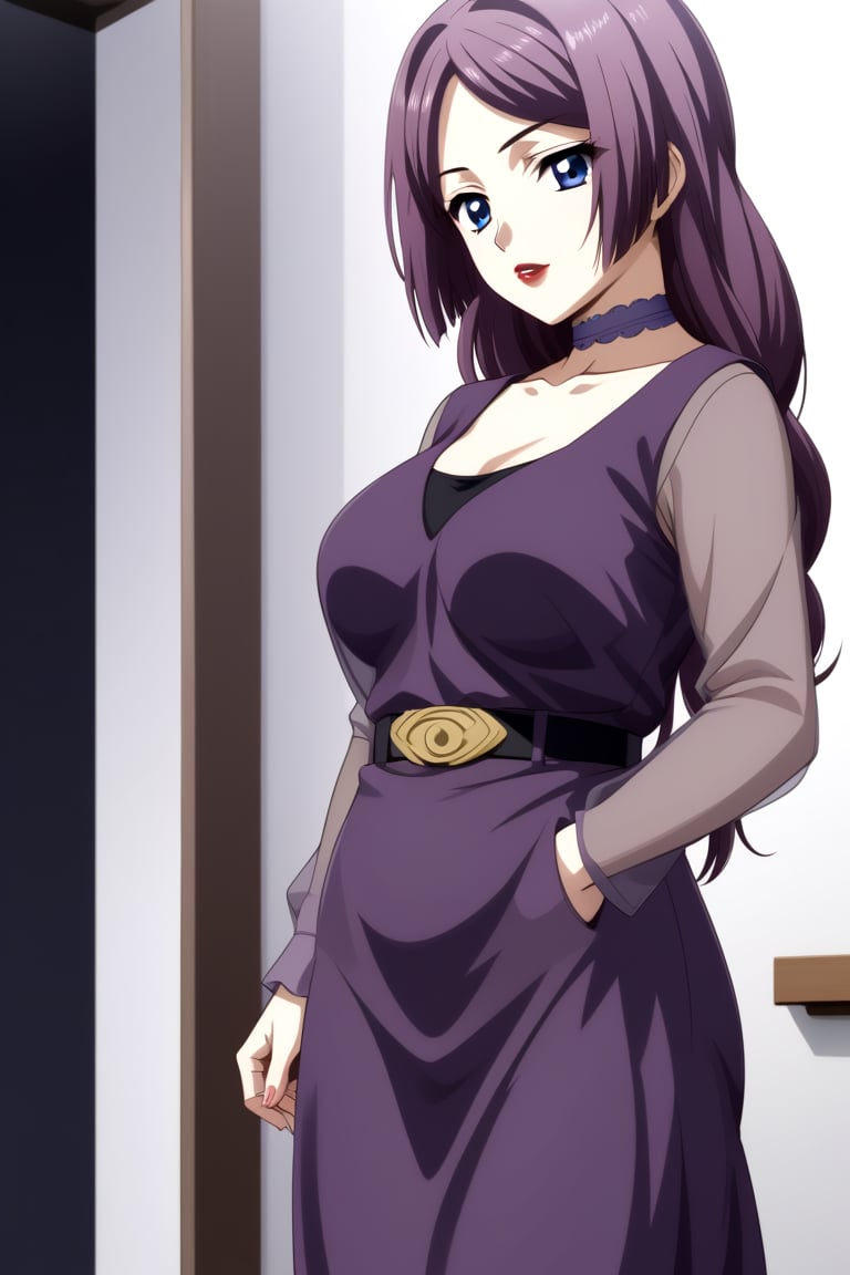 HD, 8k, highres, mantialiasing, Highly detailed, High Quality, masterpiece, beautiful, source_anime, 
BREAK 1girl, (solo:1.5), (mature woman), (30 old), Mrs Kitsuregawa, long hair, purple hair, blue eyes, 
BREAK choker, lipstick, gray sleeves, collarbone, dress, long sleeves, purple vest, belt, see-through, 
BREAK white background,
BREAK looking_back, standing, from front, full body, front view, Focus below,