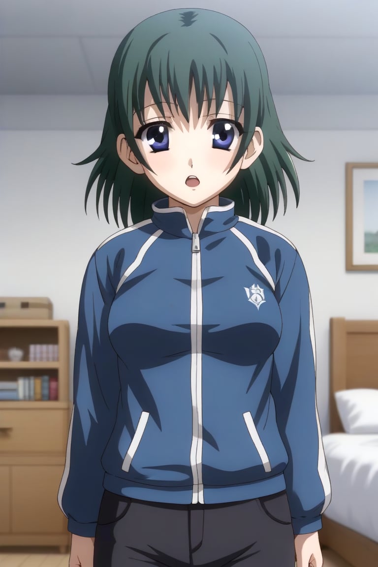 HD, 8k, highres, mantialiasing, Highly detailed, High Quality, masterpiece, beautiful, source_anime, 
BREAK 1girl, solo, (young woman, 16 years old), Ruka Imagawa, blue eyes, short hair, green hair, open_mouth, medium breasts, 
BREAK bedroom,
BREAK jacket, pants,
BREAK looking_at_viewer, focus breasts, standing, full_body,