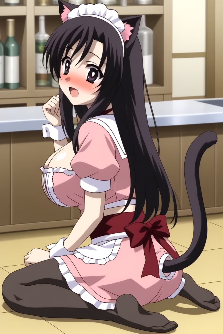 HD, 8k, highres, mantialiasing, Highly detailed, High Quality, masterpiece, beautiful, 1girl, solo, (feminine focus, young woman, 16 years old), kotonoha katsura, black eyes, black hair, long hair, :o, ahoge, open_mouth, Big breasts, ((surprise face, blush, drunk bubbles:1.2)), flushed cheeks, bright pupils,  Uniform Radish, ((miniskirt, thighhighs, animal ears, tail, midriff, cat ears, cat tail, waitress, cleavage, clothing cutout, cleavage cutout, ribbon, red ribbon, dress, pink dress, wrist_cuff )), 
BREAK looking_back, sitting, back_view, focus breasts,  from_front, full_body