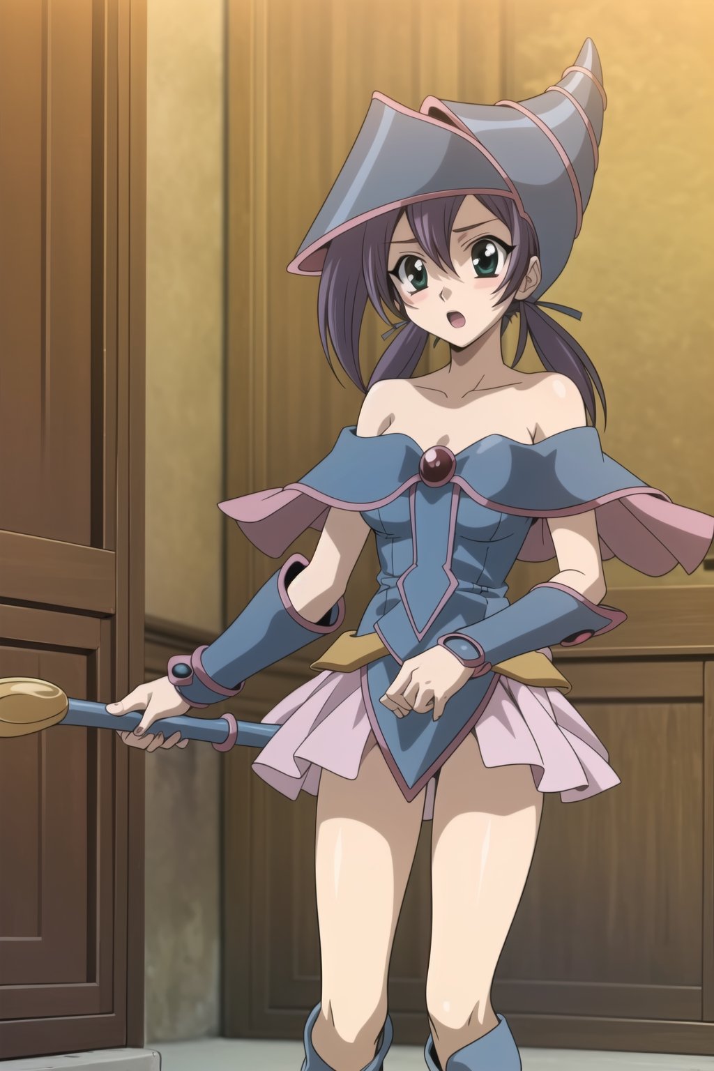 Highly detailed, High Quality, Masterpiece, beautiful,
BREAK 1girl, (female solo:1.5), roka kitsuregawa, (medium hair:1.5), (black eyes), (twintails, purple hair:1.5),
BREAK (DMG:1.3), (off shoulder, wizard hat, gauntlets, skirt, boots, capelet), holding wand, 
BREAK (:o, open_mouth), standing, schooldays, looking_at_viewer, 