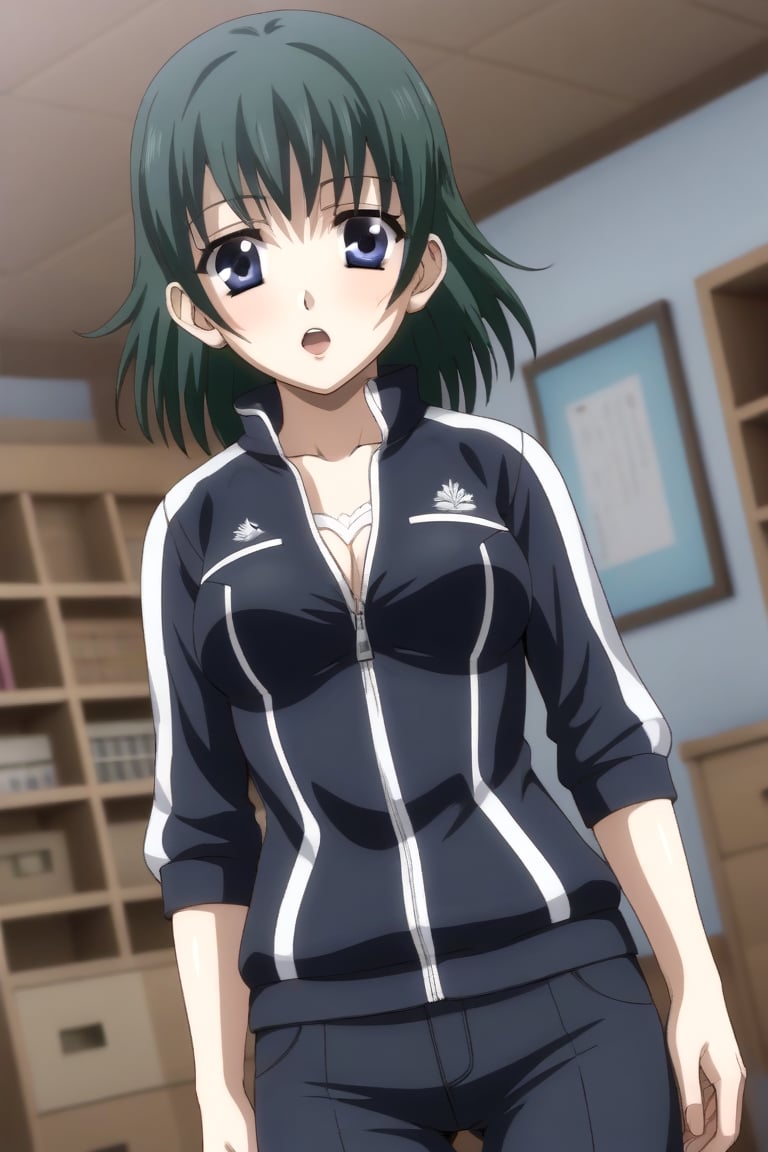 HD, 8k, highres, mantialiasing, Highly detailed, High Quality, masterpiece, beautiful, source_anime, 
BREAK 1girl, solo, (young woman, 16 years old), Ruka Imagawa, blue eyes, short hair, green hair, open_mouth, medium breasts, 
BREAK bedroom,
BREAK jacket, pants,
BREAK looking_at_viewer, focus breasts, dutch_angle, cowboy_shot,